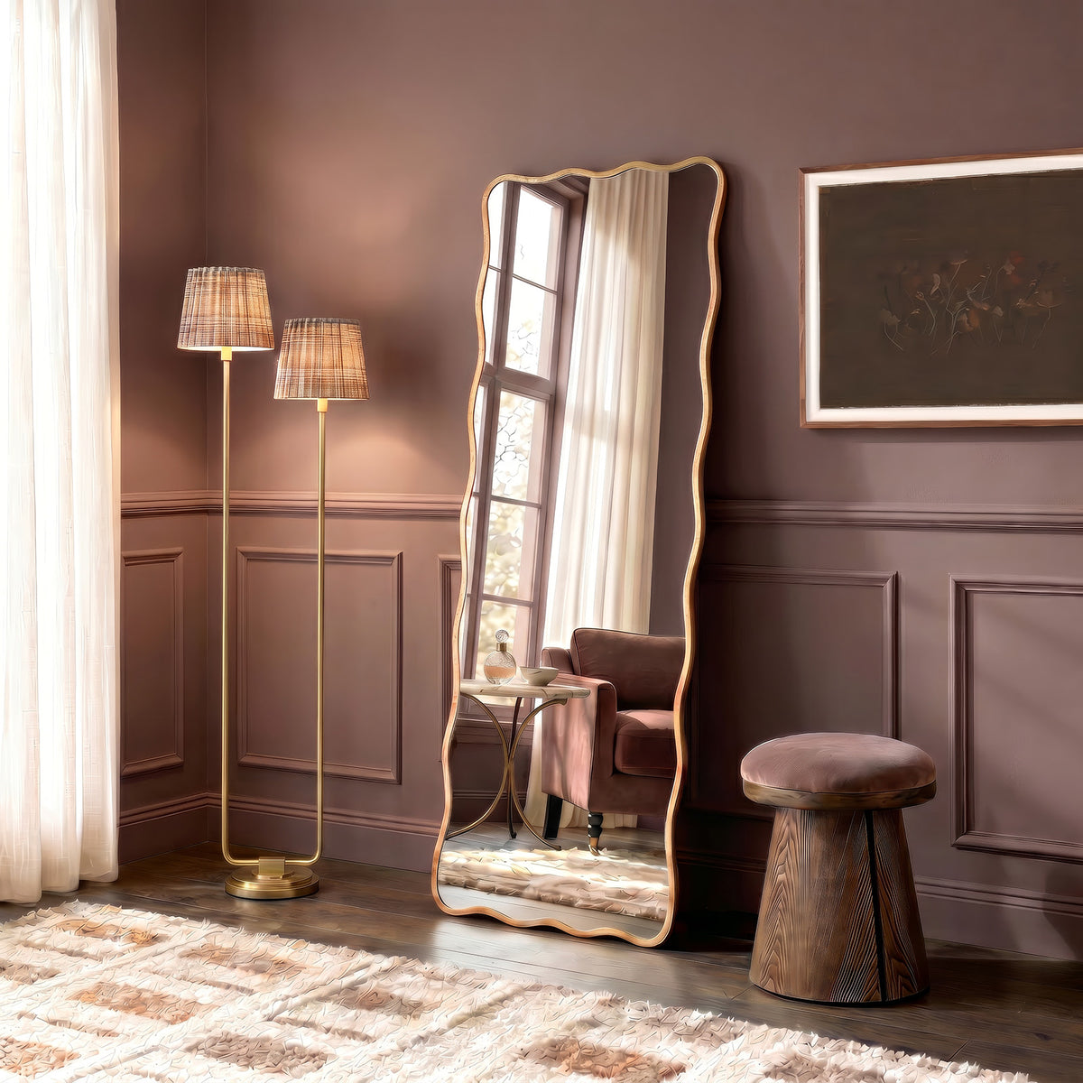 Polly Floor Lamp (Natural Brass with Plaid Wave Pleat Shade)