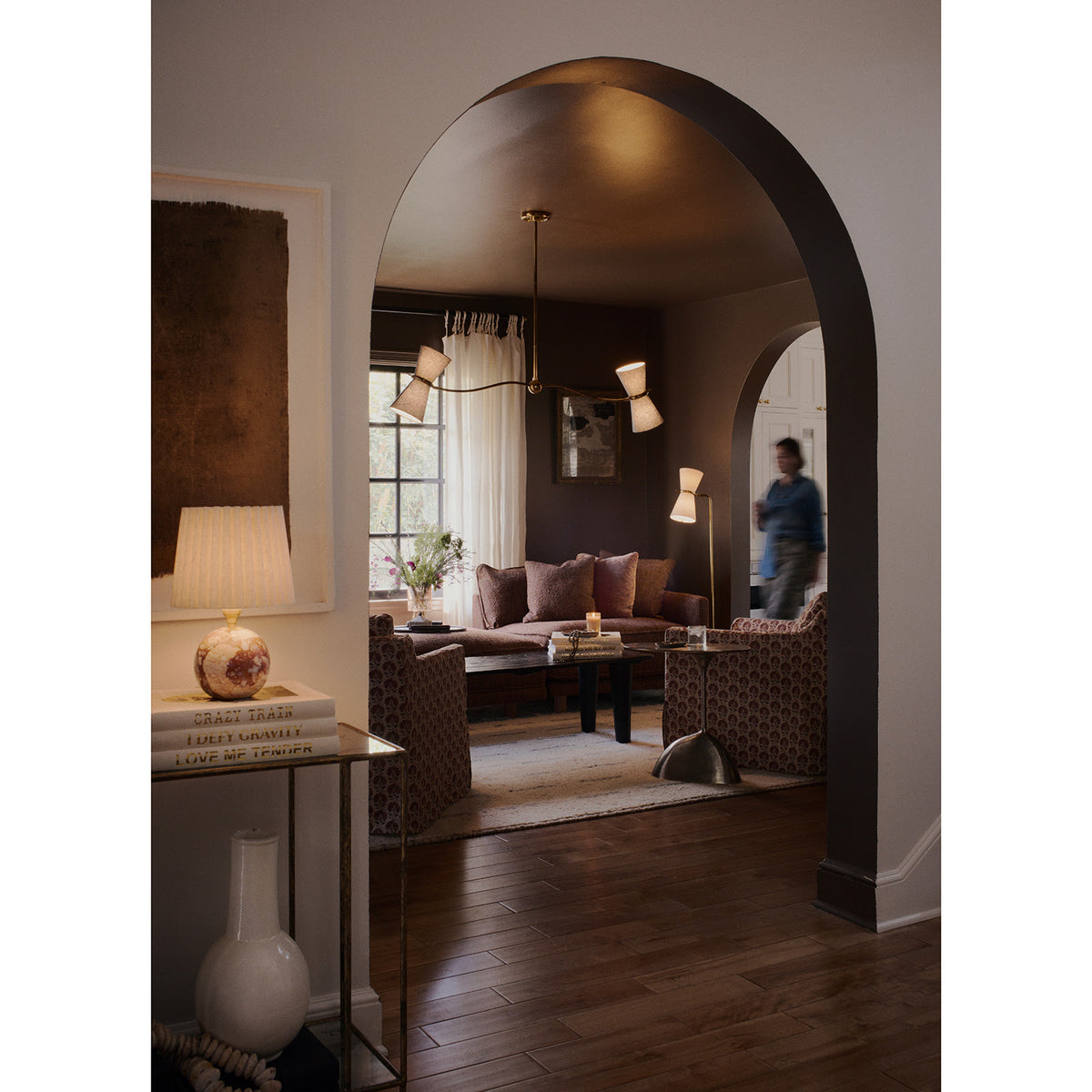 Gable Linear Chandelier (Antique Brass with Storm Blue Shade)