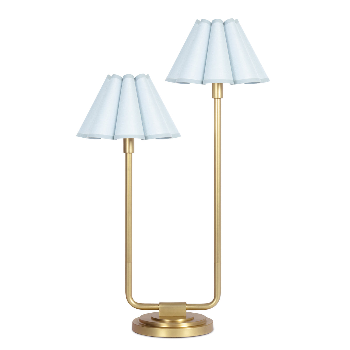 Polly Double Arm Table Lamp (Natural Brass with Mist Blue Scalloped Shade)