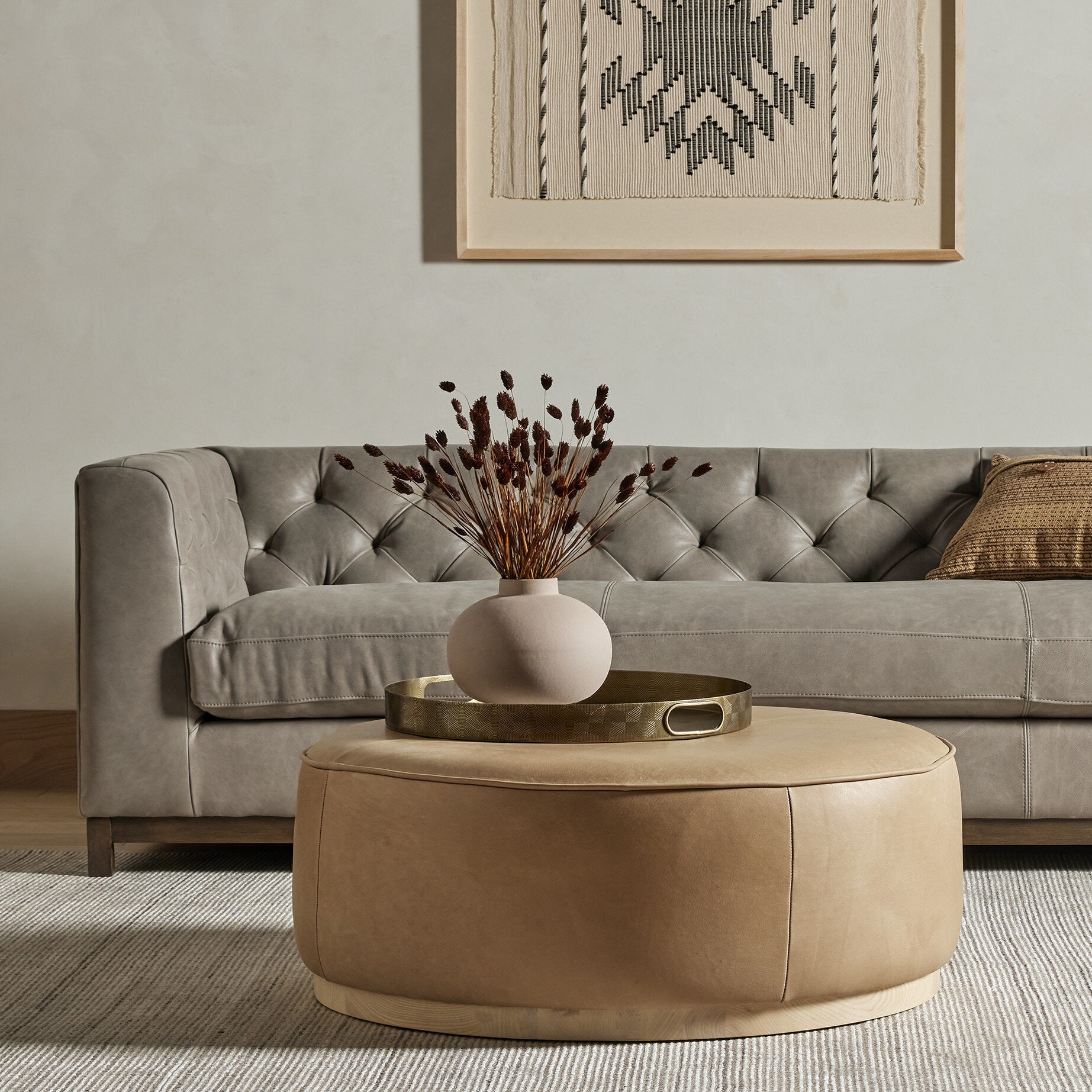 Sinclair Large Round Ottoman - Harness Burlap