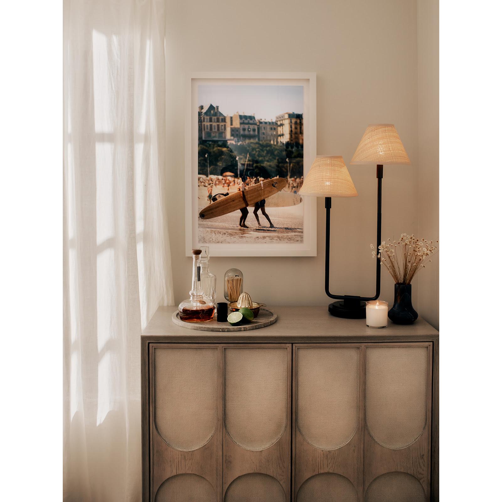 Polly Double Arm Table Lamp (Blackened Brass with Rattan Shade)