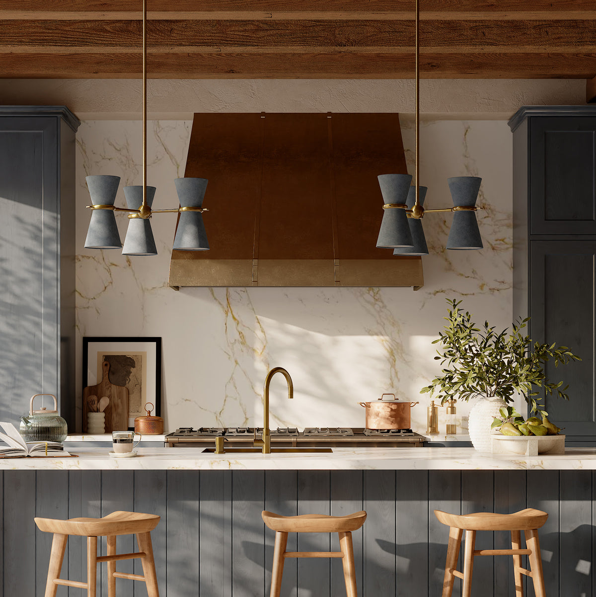 Gable Pendant (Antique Natural Brass with Storm Blue Shade)