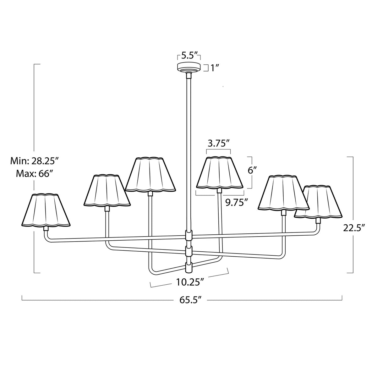 Polly Metal Chandelier (Blackened Brass with White Scalloped Shade)